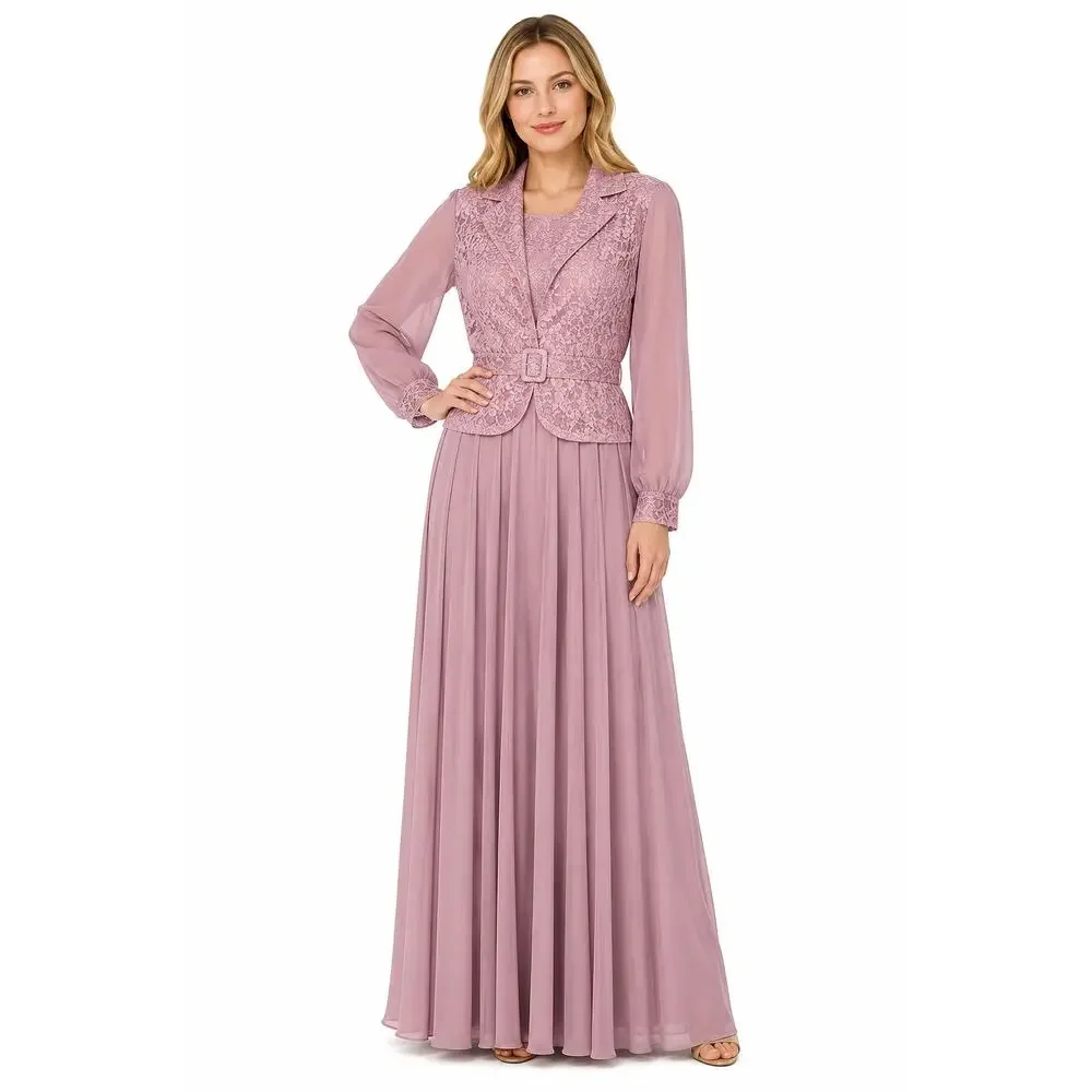 Vintage 1970s Mauve Lace Maxi Dress & Jacket Set Belted Formal Gown